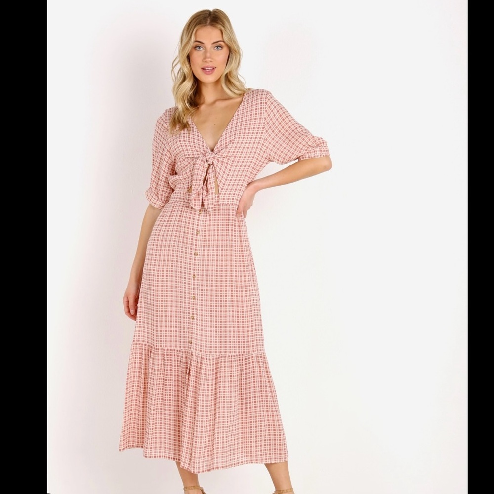 Faithfull the Brand Checkered Tie-Front Maxi Dress White & Pink Sz 8